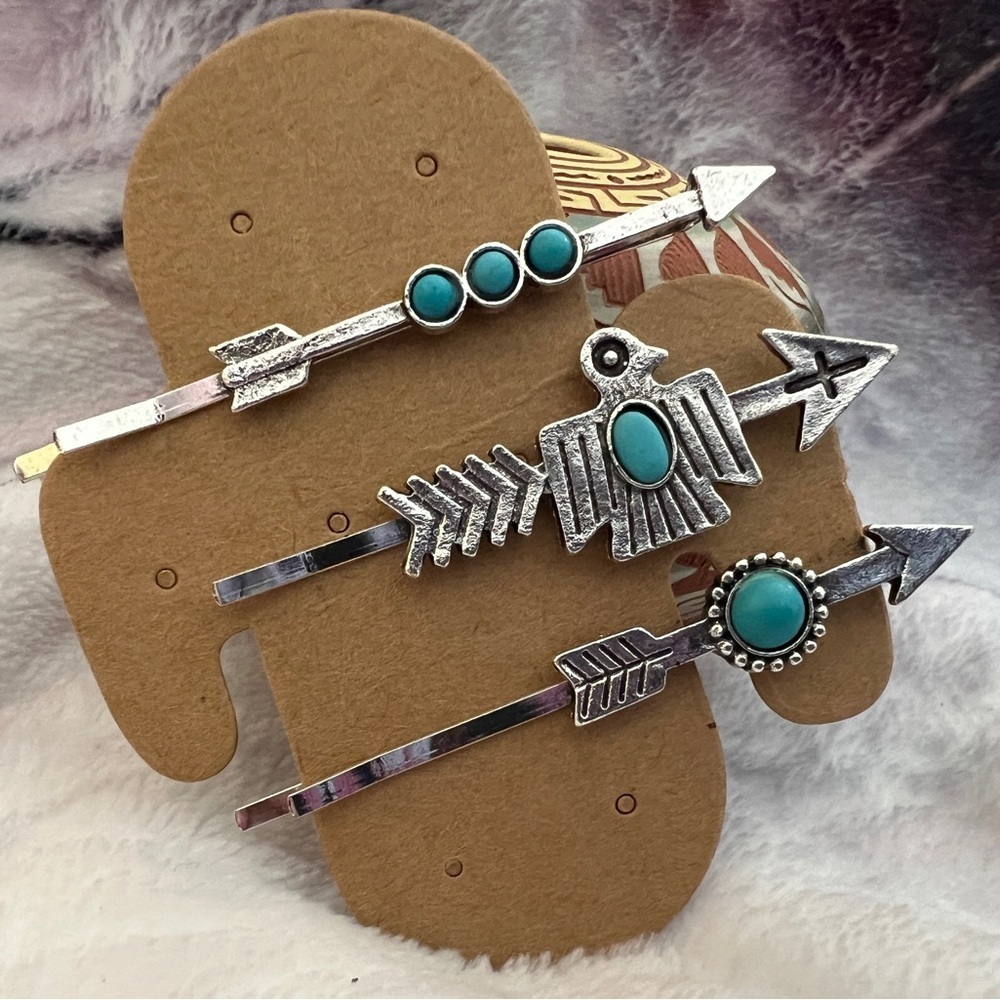❤️ Southwestern Navajo Faux Turquoise Hair Bobby Pins Set of 3 Cowgirl Western - Picture 4 of 7
